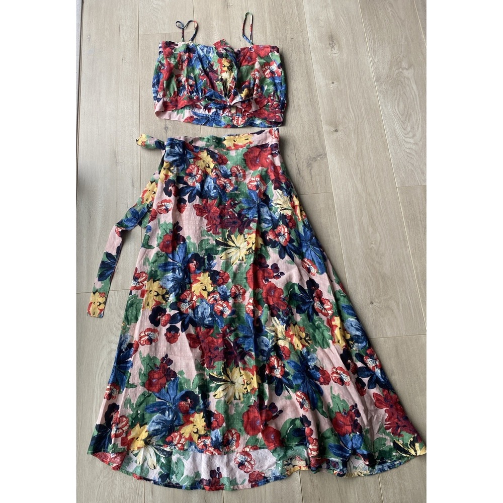 TYSA Floral 2-Piece Set: Smocked Crop Back Tie Top & Midi Wrap Skirt Rayon Boho - Picture 2 of 9